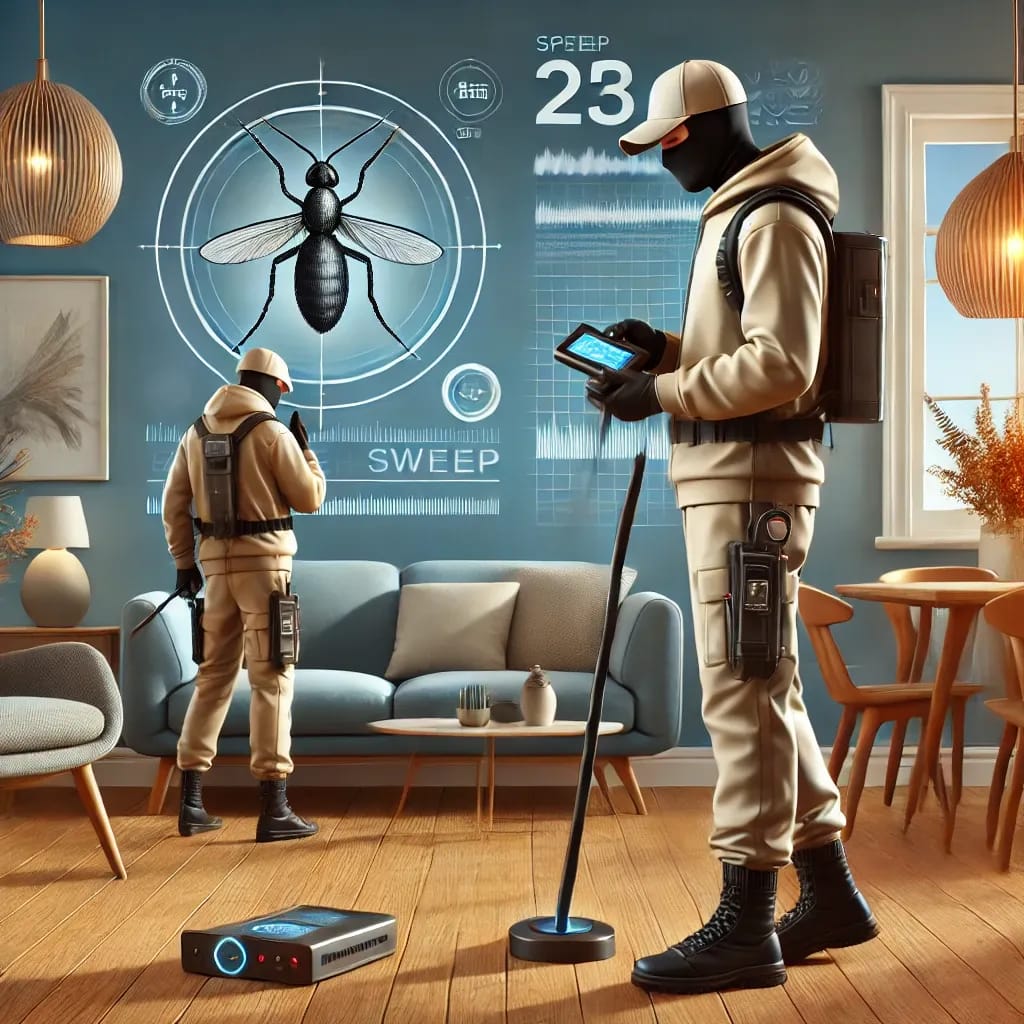 Security expert conducting a residential sweep inspection with advanced surveillance detection tools in a modern living room.
