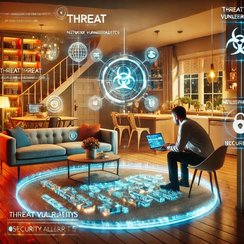 A security expert conducting a cyber threat assessment in a modern home with holographic displays showing threat maps, vulnerabilities, and security alerts.