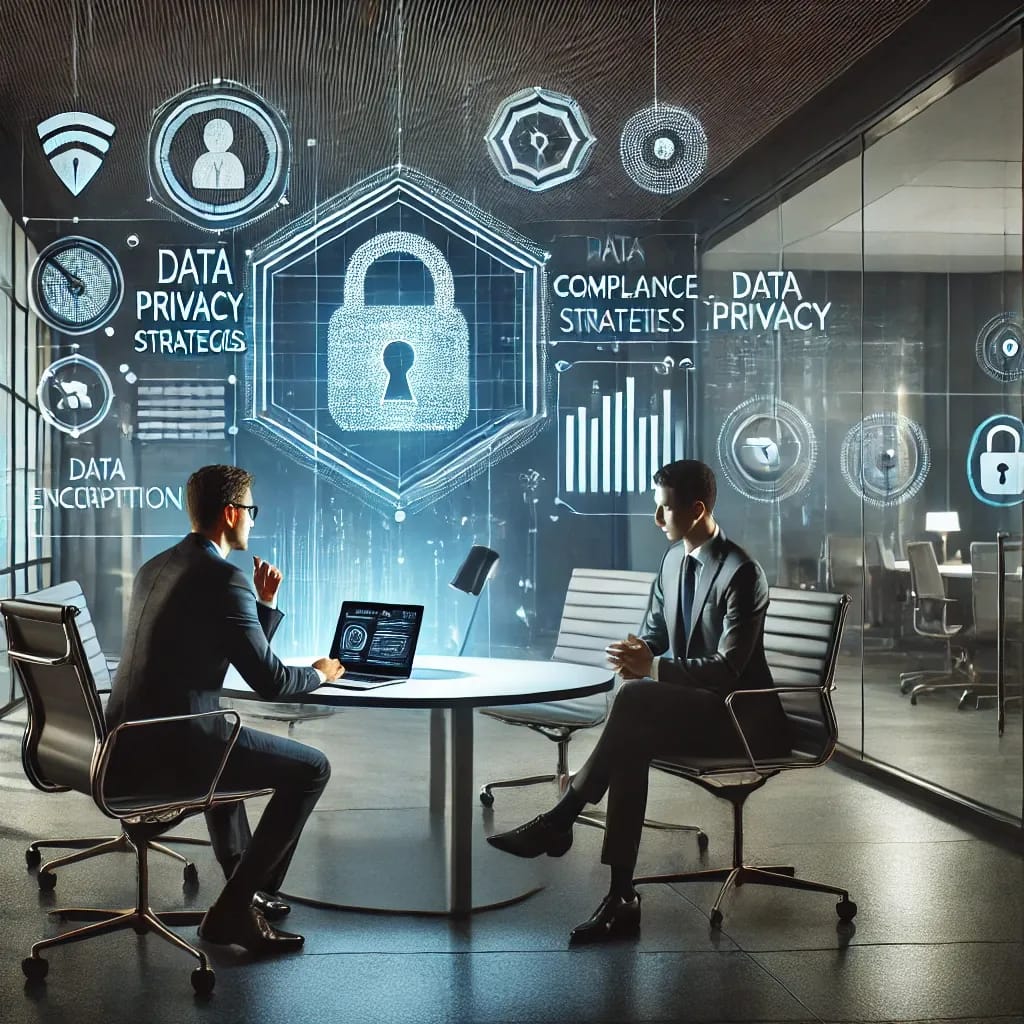 A privacy consultant discussing data privacy strategies with a client in a modern office featuring holographic displays of security policies and encryption symbols.